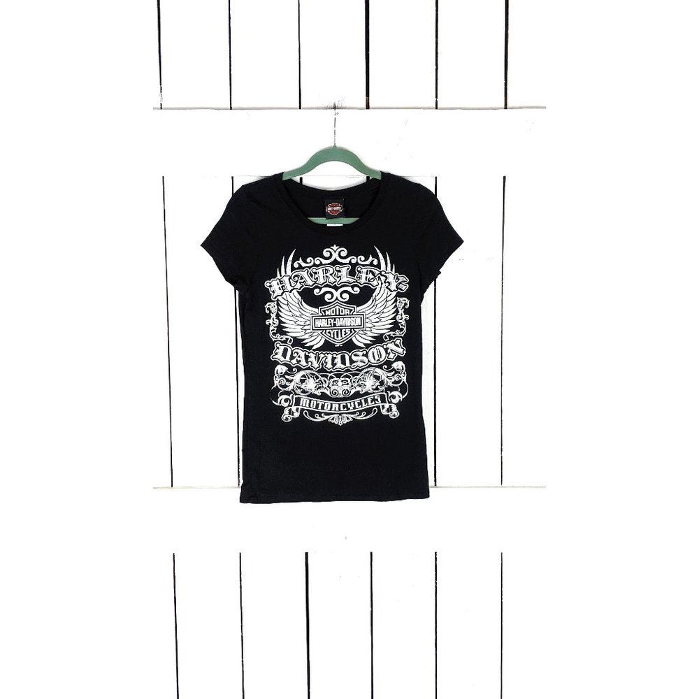 Black metallic silver foil Harley Davidson Motor Cycles womens moto graphic tee